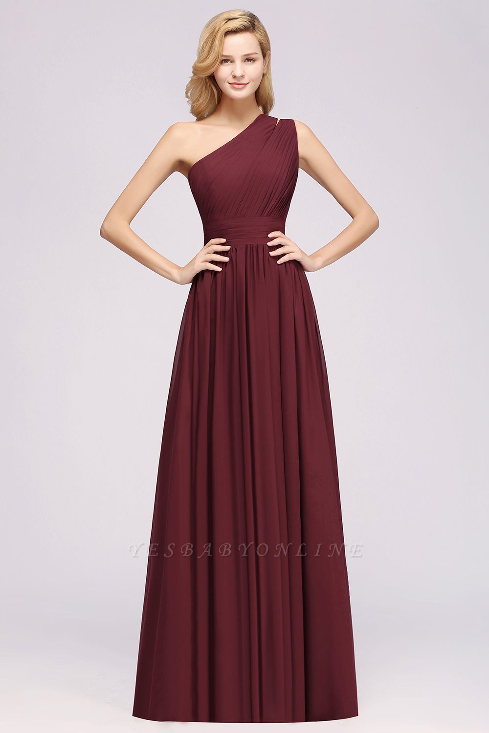 Elegant A-Line Burgundy One-Shoulder Sleeveless Ruffles Floor-Length  Bridesmaid Dresses