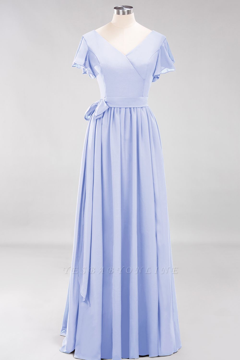 elegant A-line  V-Neck Short-Sleeves Floor-Length Bridesmaid Dresses with Bow Sash