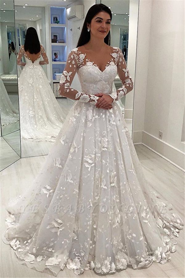 Stunning Appliques V-Neck A-Line Long Sleeves Wedding Dress