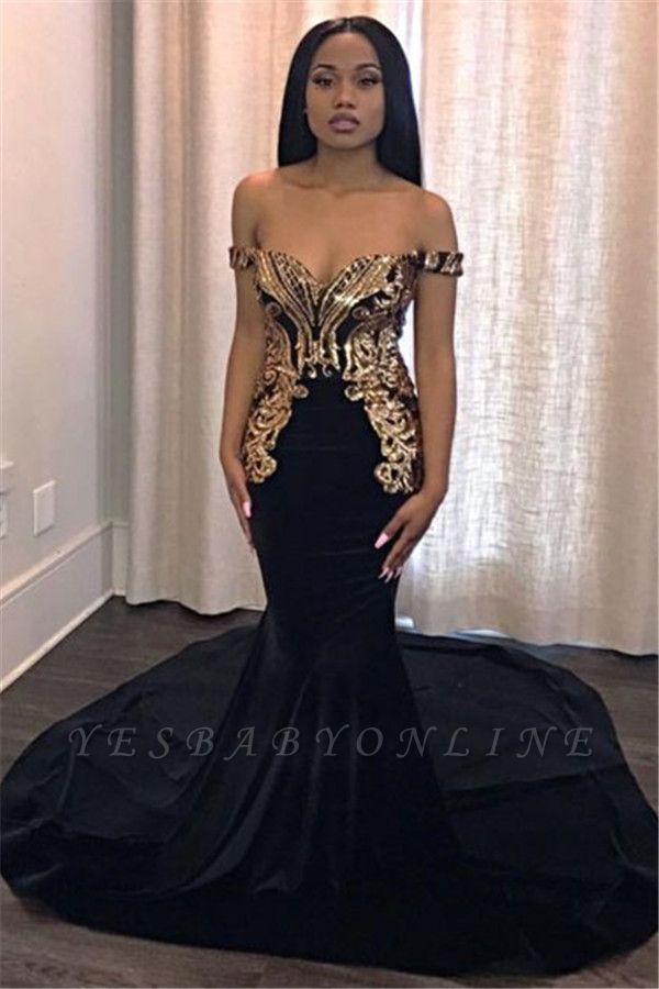 Stylish Mermaid Off-the-Shoulder Appliques Sweep-Train Prom Dresses ...