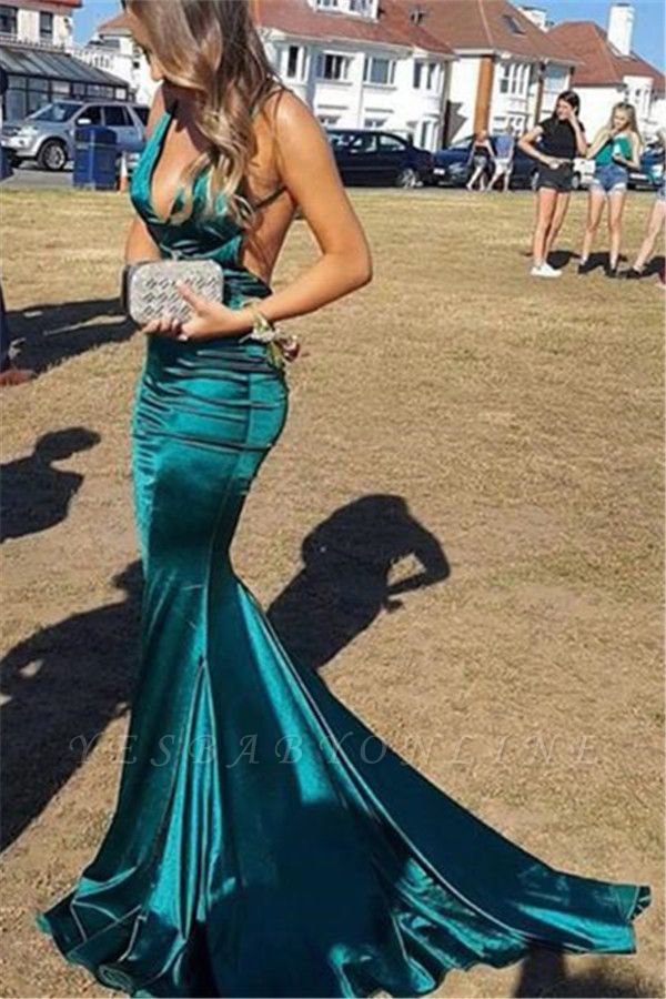 Elegant Mermaid Spaghetti-Straps V-Neck Backless Sleeveless Floor-Length Prom Dresses
