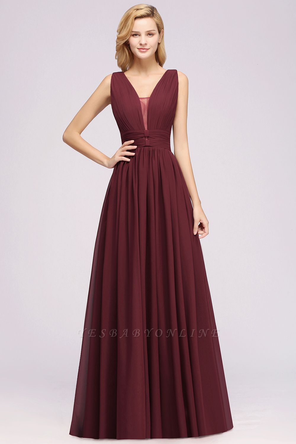 Modest Long A-line Deep V-Neck Floor-length Chiffon Bridesmaid Dress