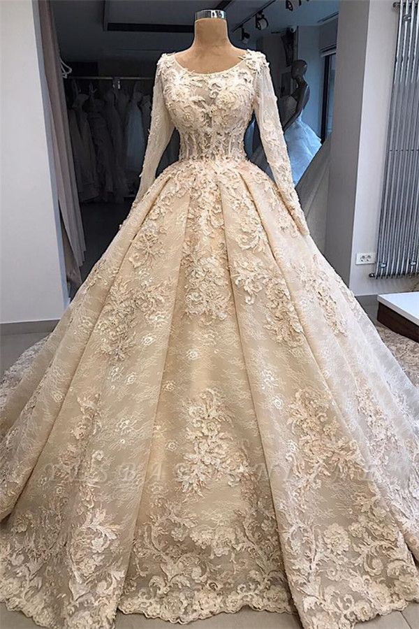 Glamorous Ball Gown Scoop Long-Sleeves Appliques Wedding Dresses