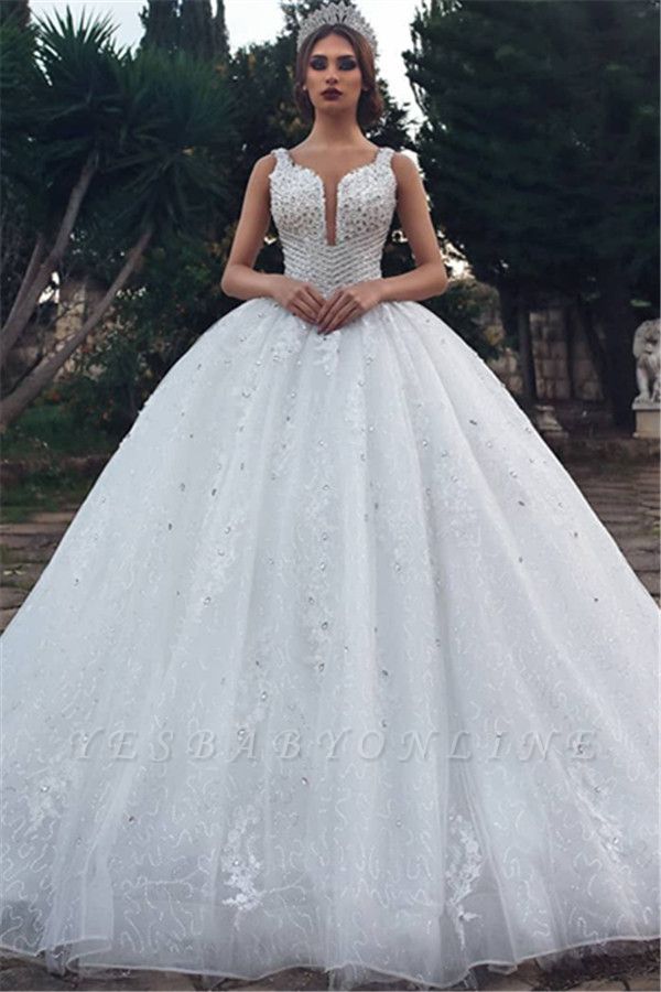 Stylish Ball Gown Straps Sleeveless Appliques V-Neck Rhinestones Wedding Dresses