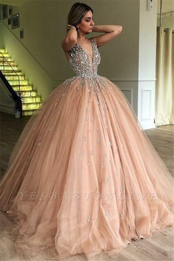Stunning Ball Gown V-Neck Straps Sleeveless Rhinestones  Prom Dresses BC0971