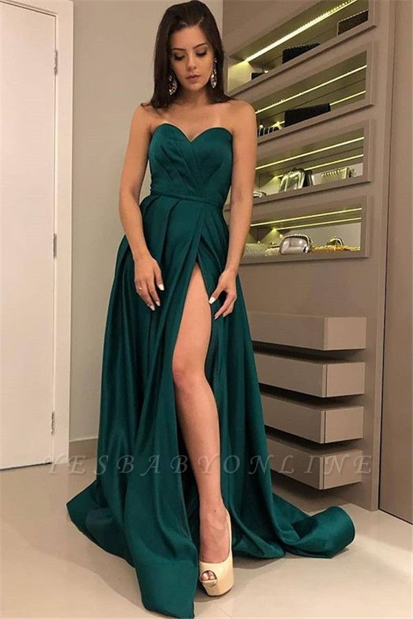 Stunning A-Line Strapless Front-Split Sleeveless Floor-Length Prom Dresses