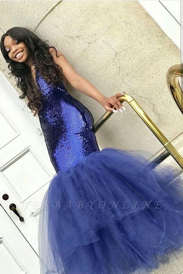 Navy Blue Mermaid Sequins Prom Dresses | Sleeveless V-Neck Evening Dresses