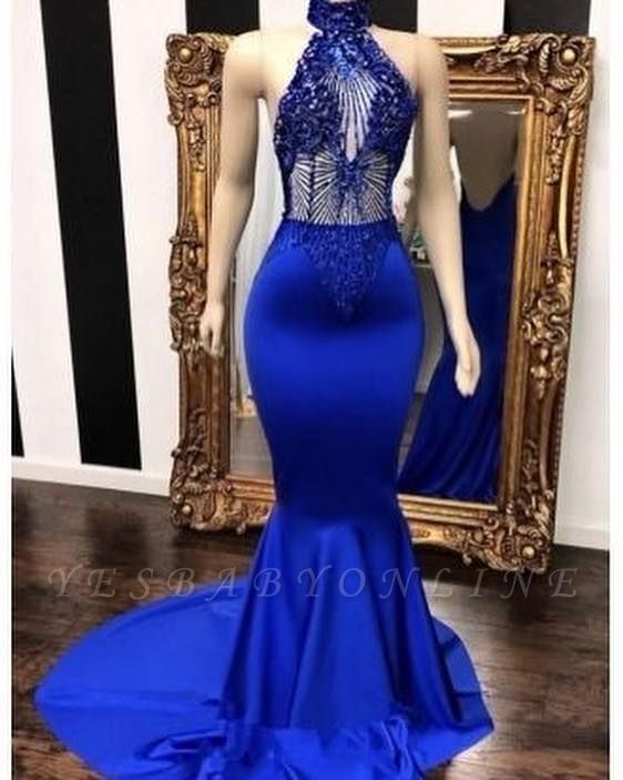 Royal Blue Halter Sleeveless Lace Beading Mermaid Long Prom Dresses ...