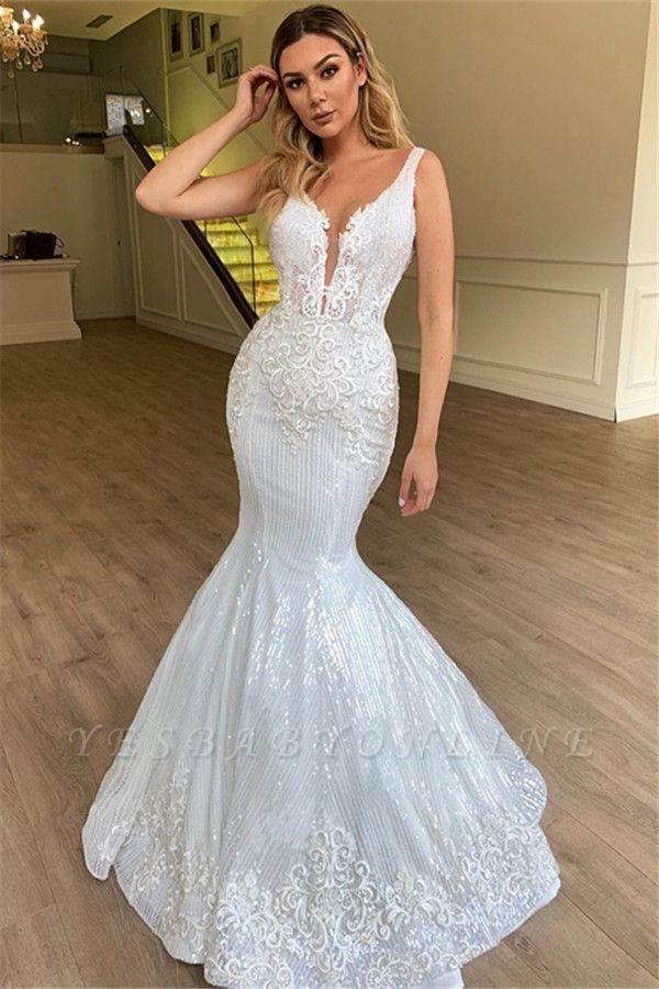 Gorgeous Mermaid Sheer Straps Sleeveless Appliques Tulle Wedding Dress