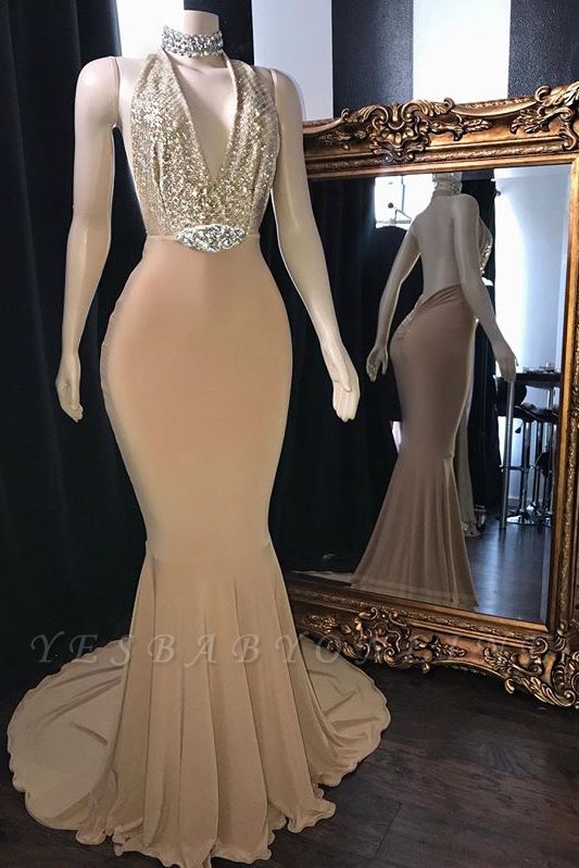 Champagne Crystal Halter Mermaid Long Prom Dresses | Sexy V-Neck Sleeveless Evening Gowns