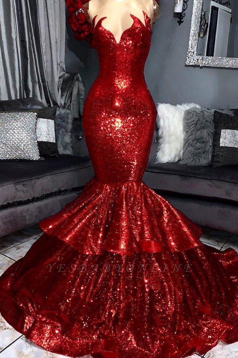 Sparkly Hot Red Mermaid Prom Dress with Ruffles | Elegant Evening Gowns