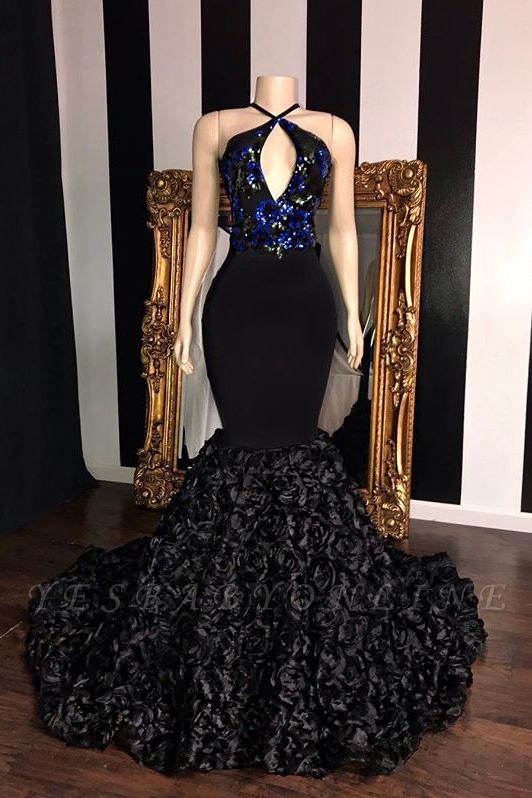 Black Sleeveless Flowers Mermaid Prom Dresses | Elegant Halter Sequins Appliques Evening Gowns