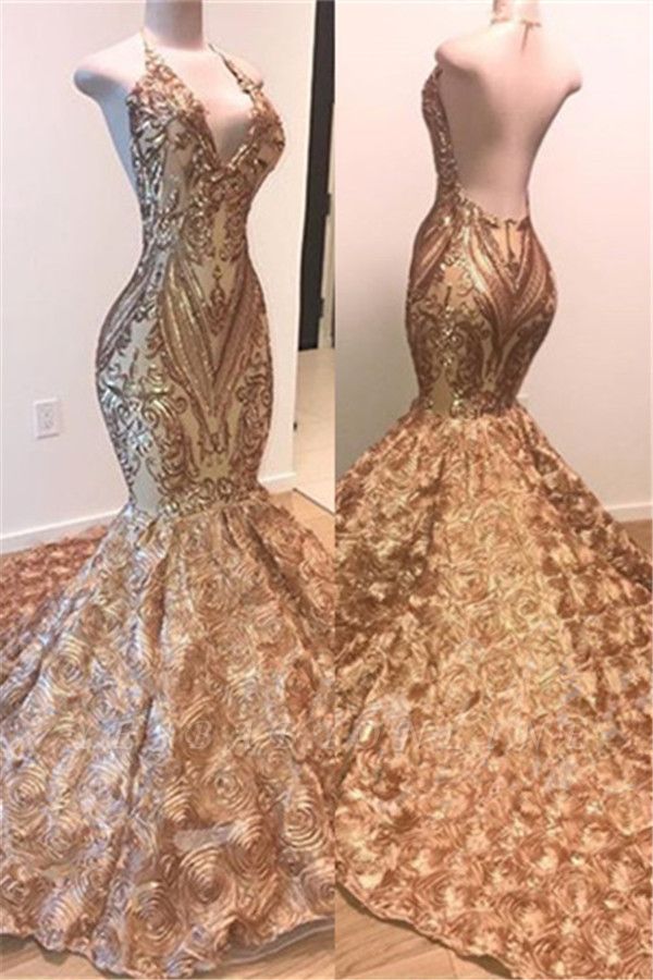 Glamorous Gold Sequins Sleeveless Prom Dress | Shiny Mermaid Evening Gowns With Flowers Bottom