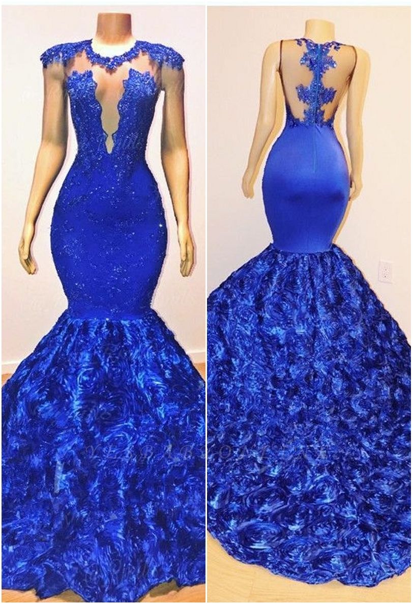 2019 Royal-Blue Flowers Mermaid Long Evening Gowns | Glamorous Sleeveless With lace Appliques Prom Dresses