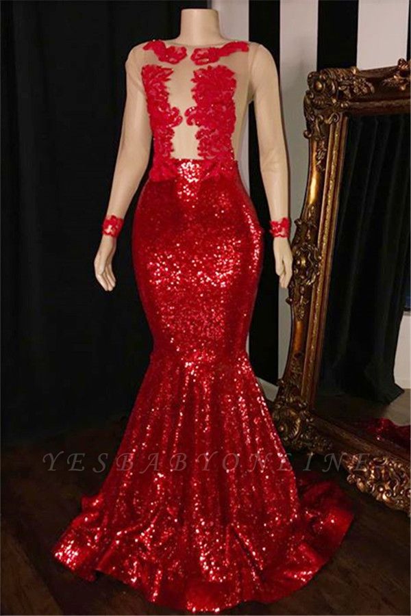 Long Sleeves Sequins Mermaid Prom Gowns | Glamorous Sheer Red Long Evening Dress