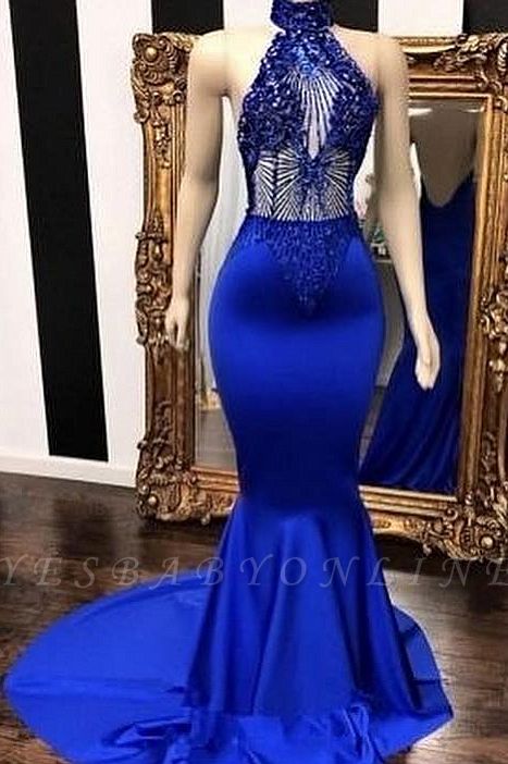 Royal Blue Halter Sleeveless Lace Beading Mermaid Long Prom Dresses