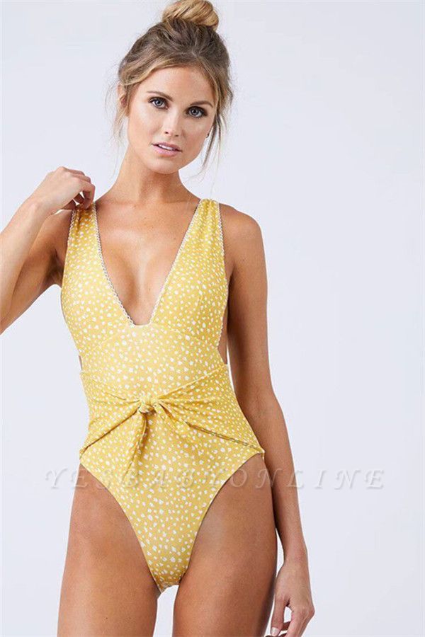 Yellow V-neck Knot One Piece Open Back Bathing Suits
