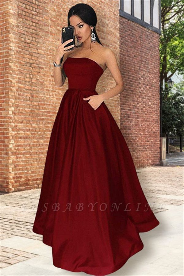 Classy Strapless A-Line Floor-length Satin Backless Prom Dress With Pockets
