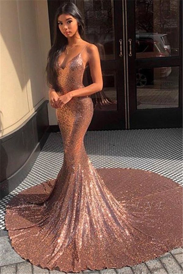 Gorgeous Spaghetti-Straps Sequins Mermaid Prom Dress