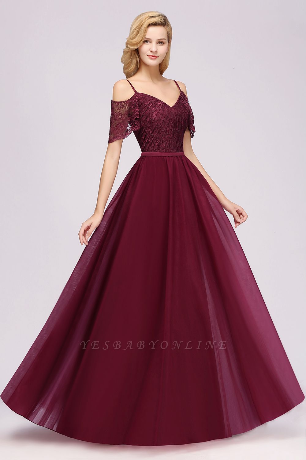 A-Line  Lace Sweetheart Spaghetti Straps Short-Sleeves Floor-Length Bridesmaid Dresses with Ruffles