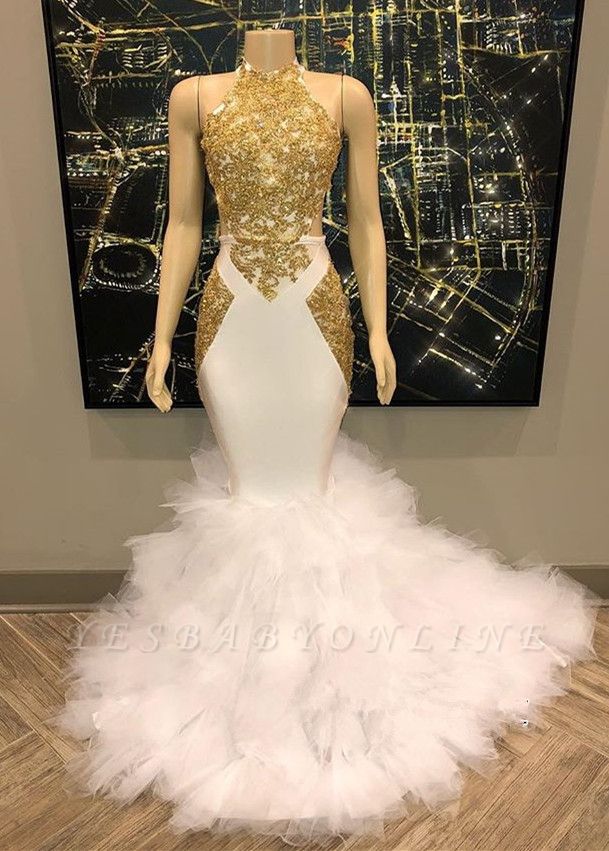 Sleeveless Golden Appliques Mesh Button Sexy Mermaid Prom Dresses