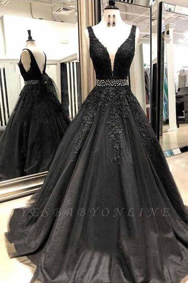 Black Tulle Appliques Lace A-Line Floor-length Prom Dress With Crystal Belt