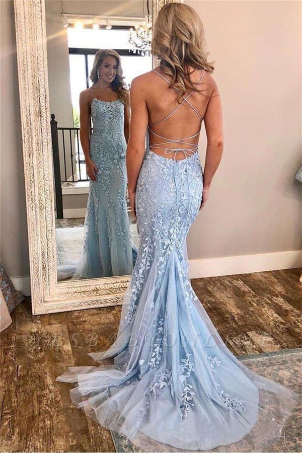 Elegant Appliques Spaghetti Straps Mermaid Criss-cross Straps Prom Dresses