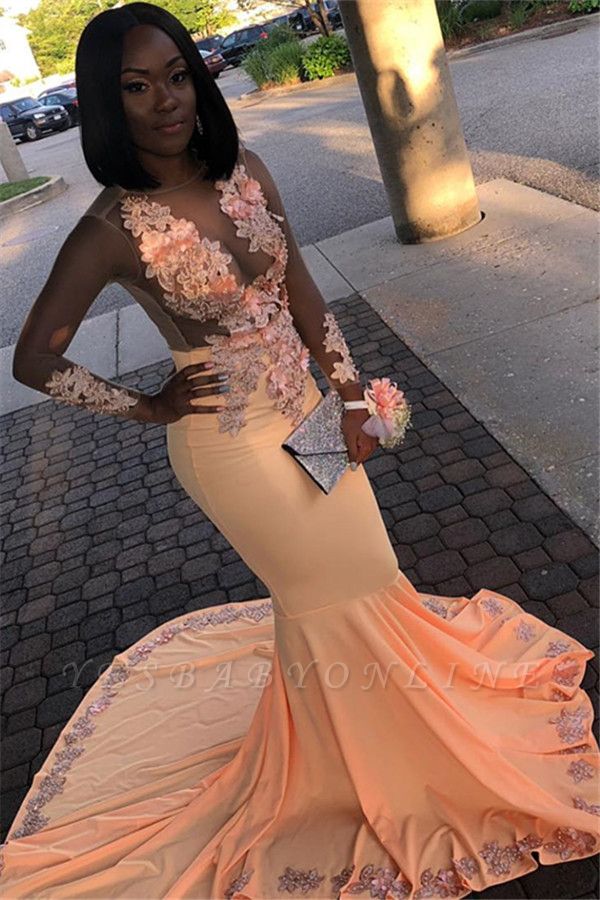 Orange Sheer Mesh Flower Appliques Long-Sleeves Sexy Mermaid Prom Dresses