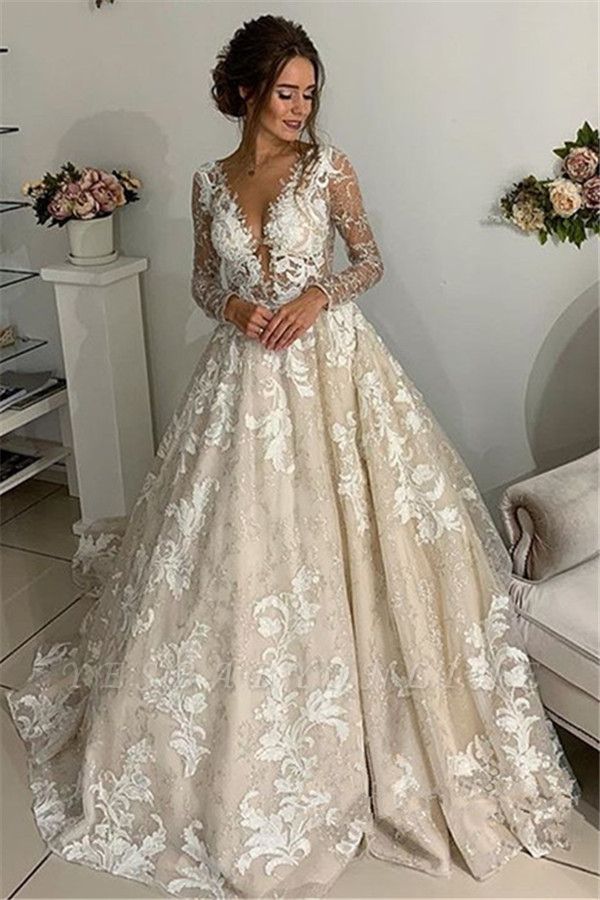 Glamorous Lace Appliques V-Neck Wedding Dresses | Long Sleeves Backless Floral Bridal Gowns