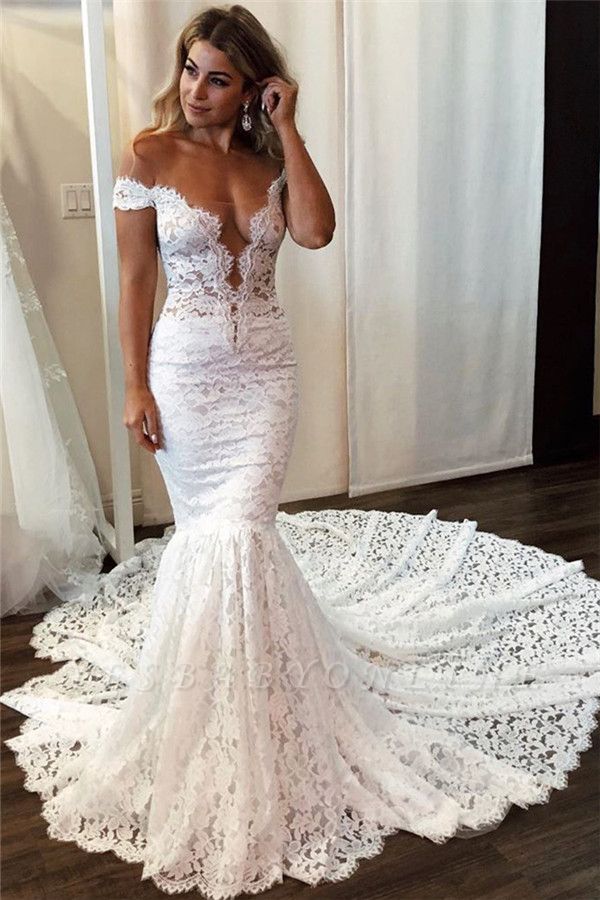 Lace Off-the-Shoulder Wedding Dresses | Sexy Mermaid Floral Bridal Dresses