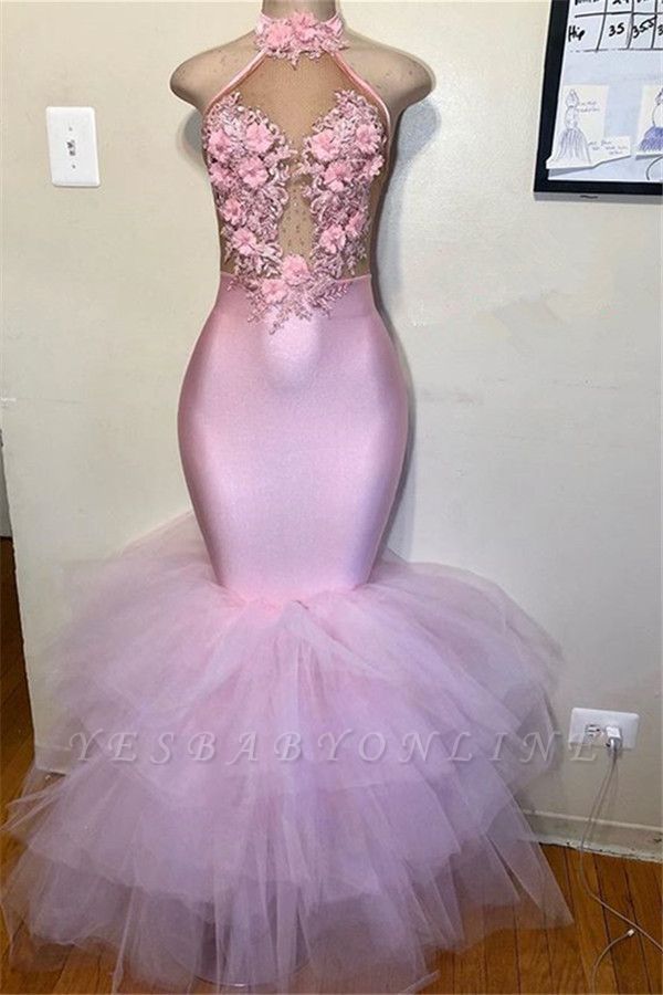 Pink Halter Sleeveless Flower Appliques  Mermaid Prom Dress