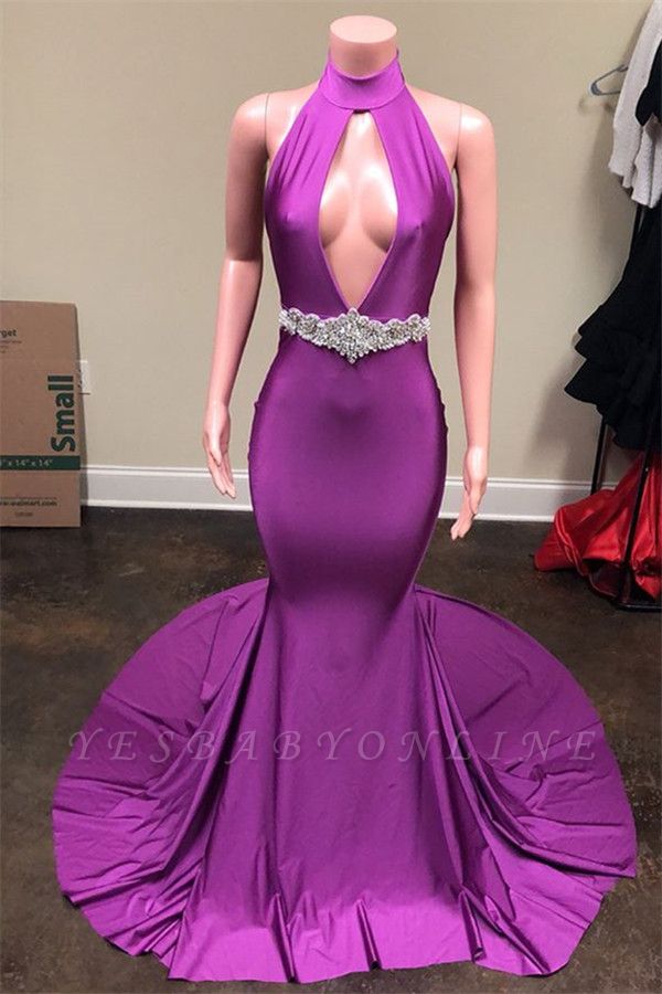New Arrival Purple Halter V-Neck Backless Sleeveless Sexy Mermaid Evening Gown