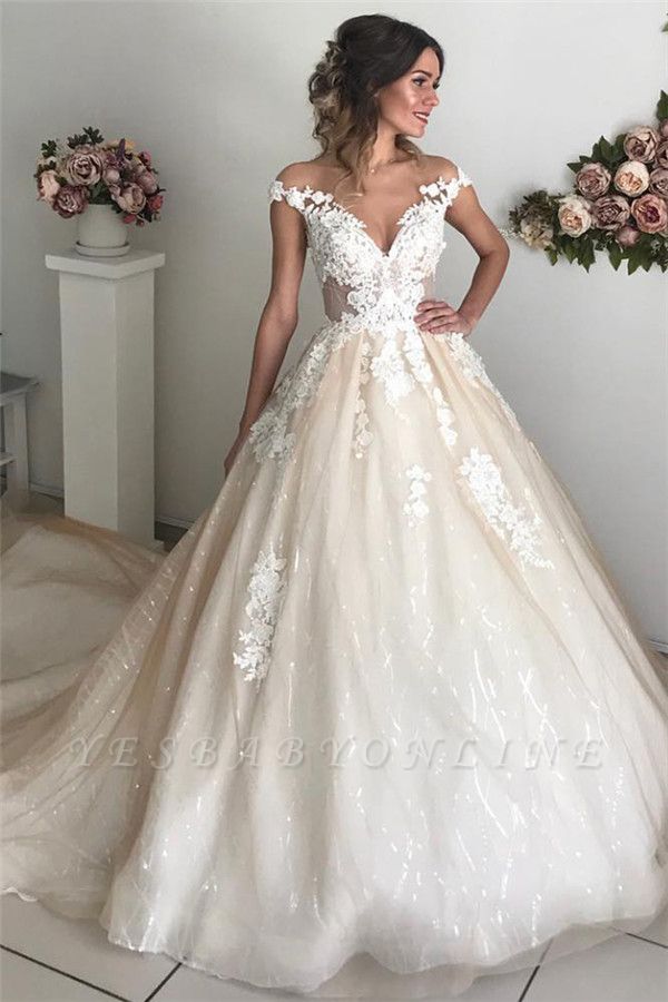 Applique Off-the-Shoulder Wedding Dresses | Sequins Backless Sleeveless Floral Bridal Dresses