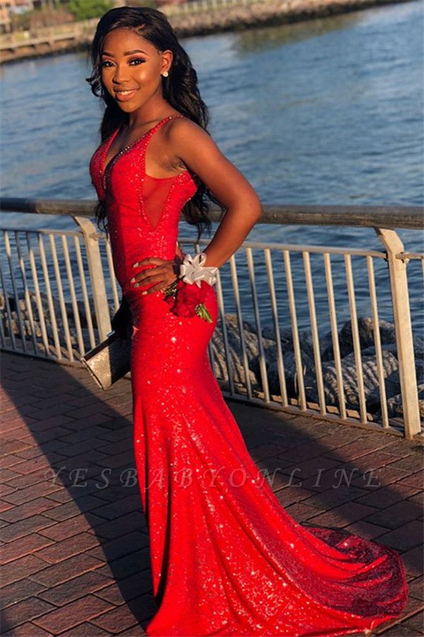 Gorgeous Red Sequins Sexy Mermaid Spaghetti-Straps Long Prom Dresses