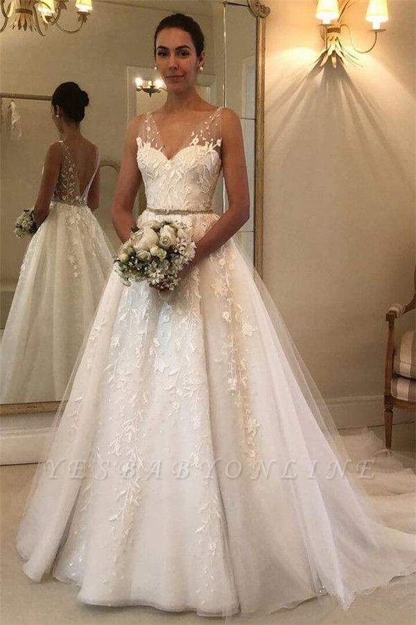 Glamorous Straps Applique Wedding Dresses with ribbons