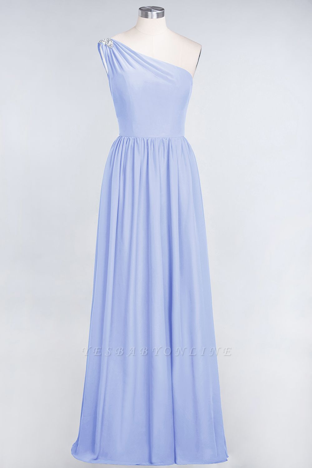 A-Line One-Shoulder Sleeveless Ruffles Floor-Length  Bridesmaid Dress with Beadings