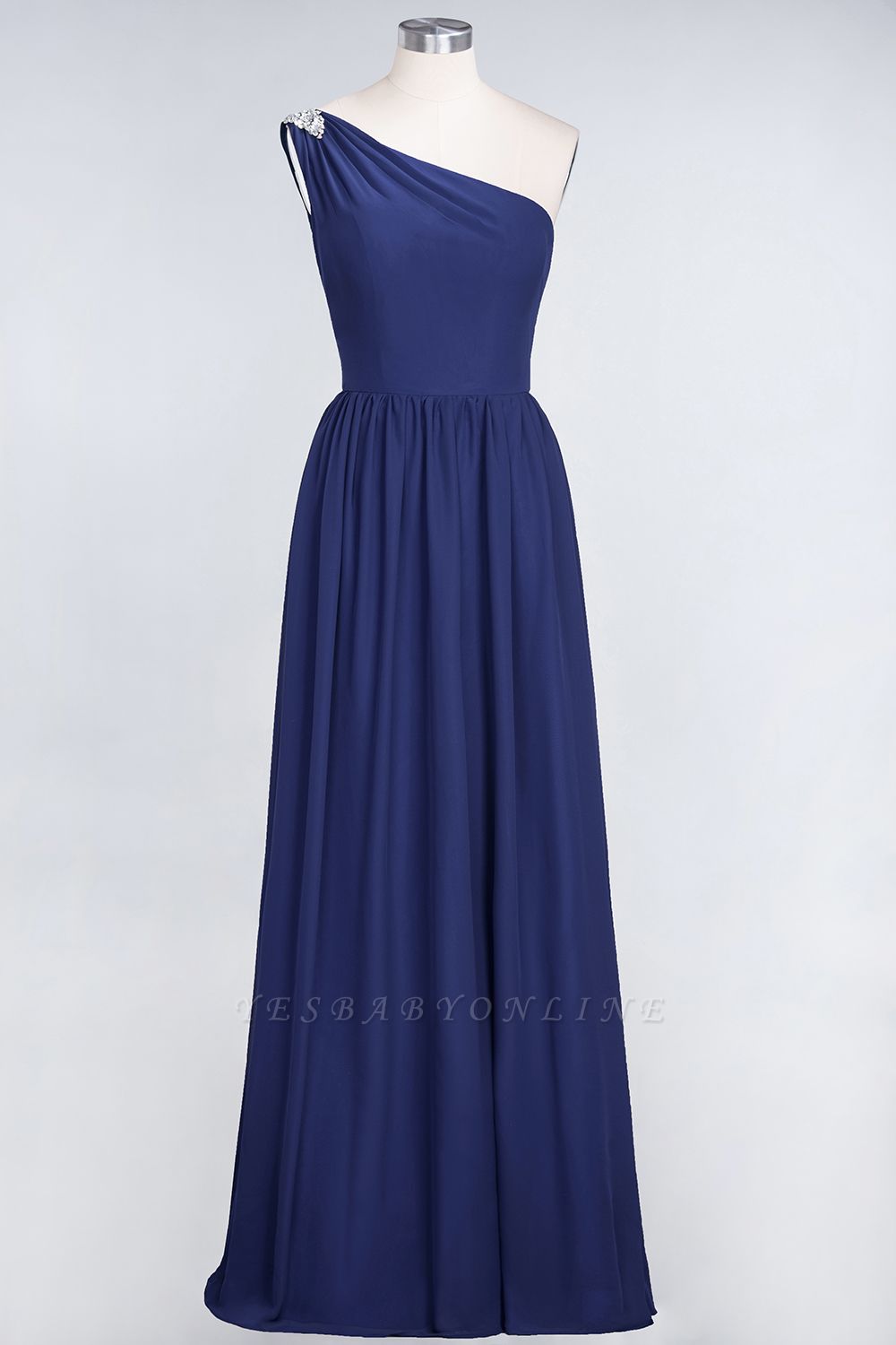 A-Line One-Shoulder Sleeveless Ruffles Floor-Length  Bridesmaid Dress with Beadings