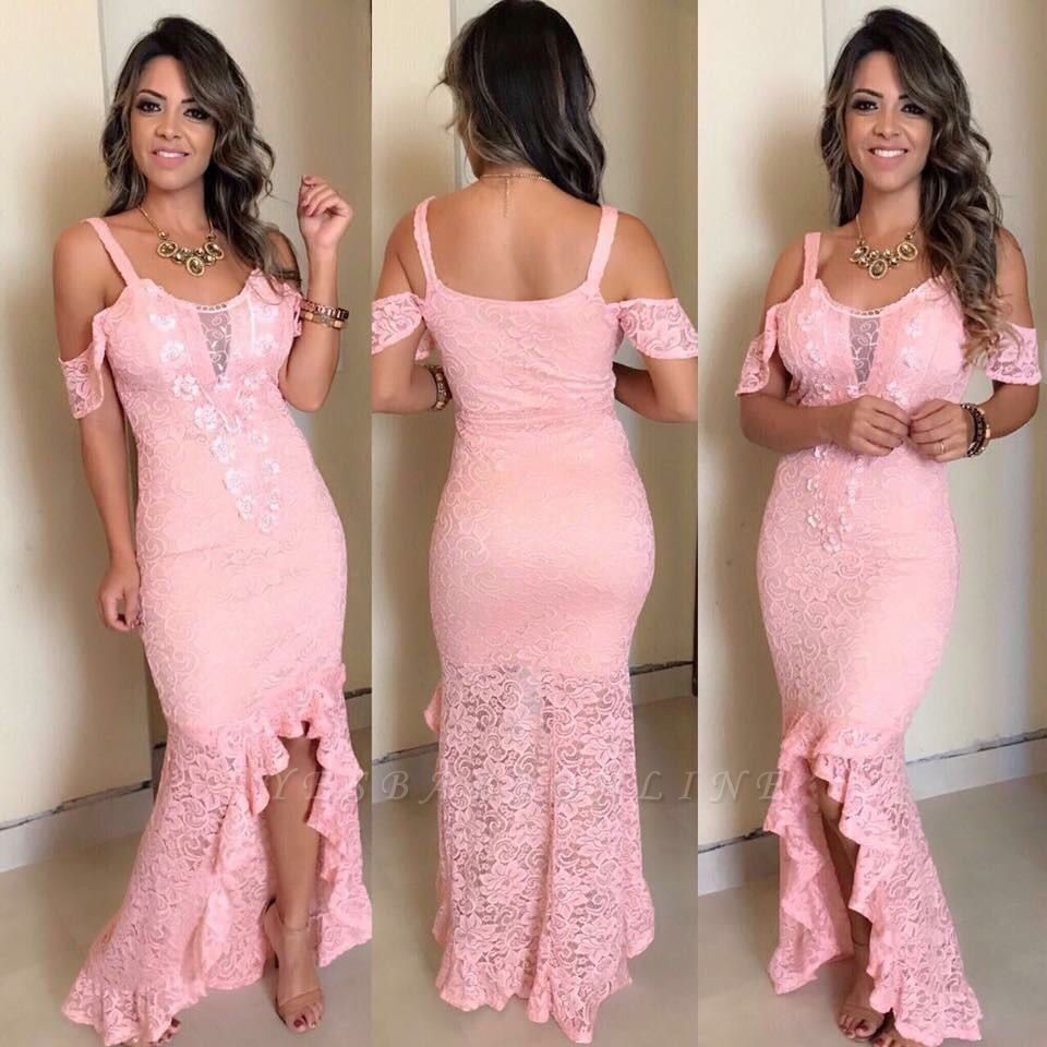 Pink Lace Appliques Off-The-Shoulder Hi-Lo Sexy Mermaid Prom Dresses ...