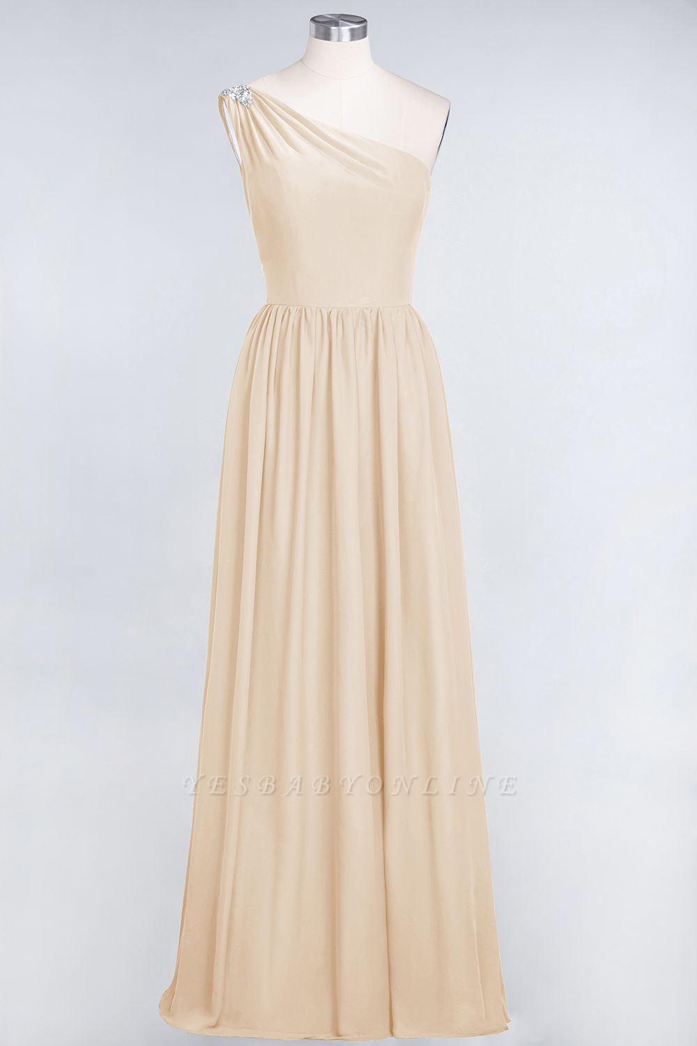 A-Line One-Shoulder Sleeveless Ruffles Floor-Length  Bridesmaid Dress with Beadings
