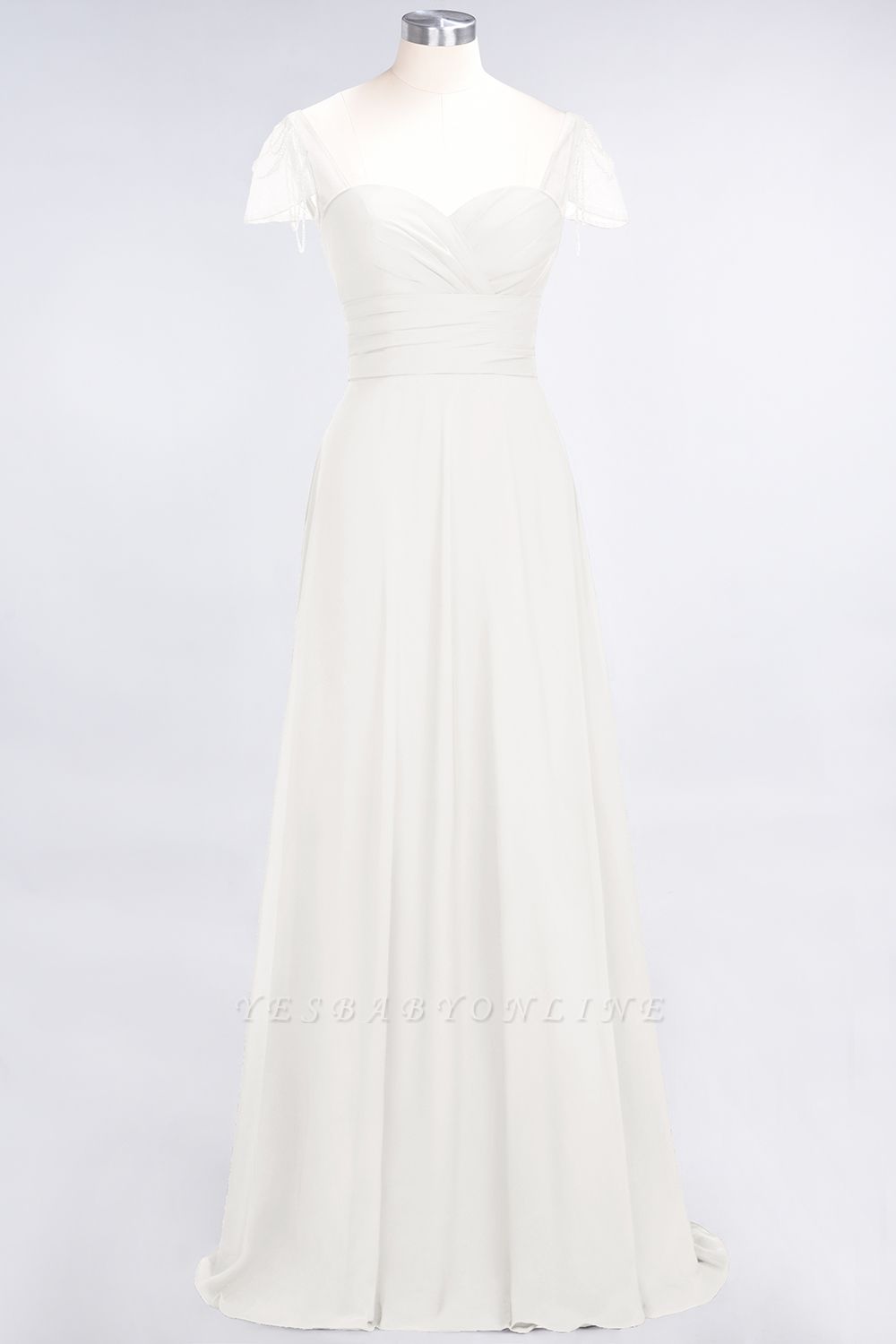 A-Line Sweetheart Cap-Sleeves Ruffle Floor-Length  Bridesmaid Dress with Beadings