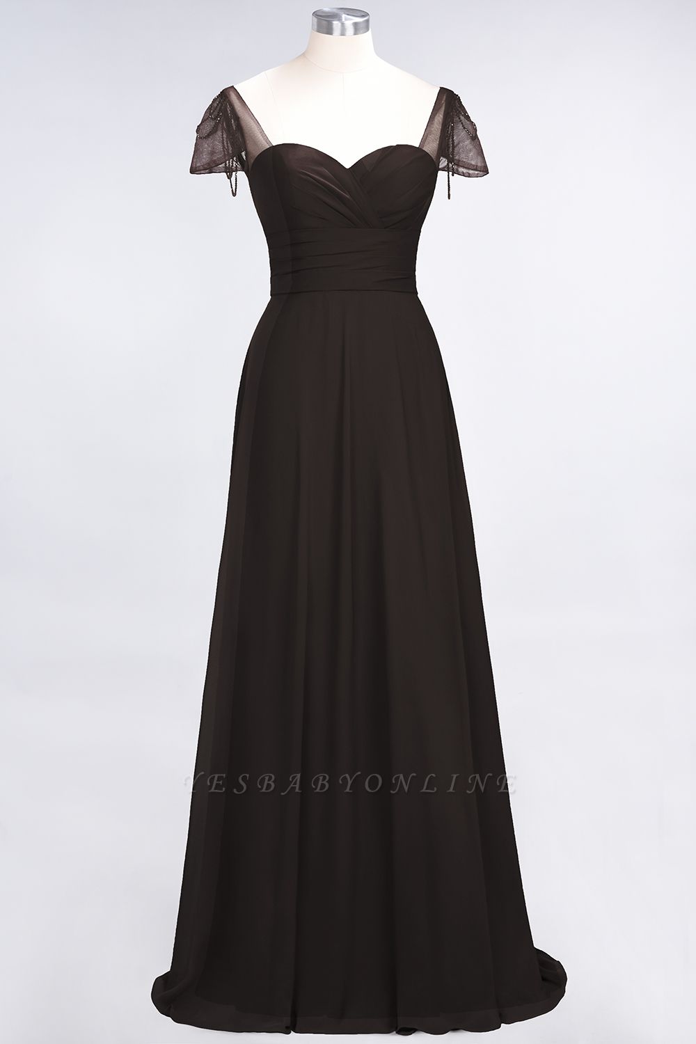 A-Line Sweetheart Cap-Sleeves Ruffle Floor-Length  Bridesmaid Dress with Beadings