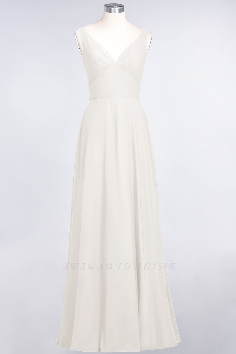 A-Line V-Neck Straps Sleeveless Ruffles Floor-Length  Bridesmaid Dress with Open Back