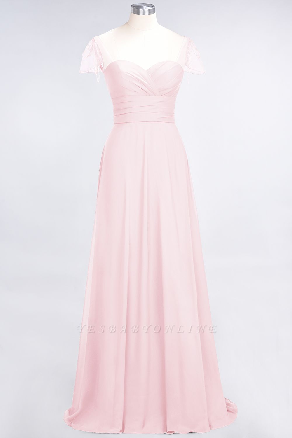 A-Line Sweetheart Cap-Sleeves Ruffle Floor-Length  Bridesmaid Dress with Beadings