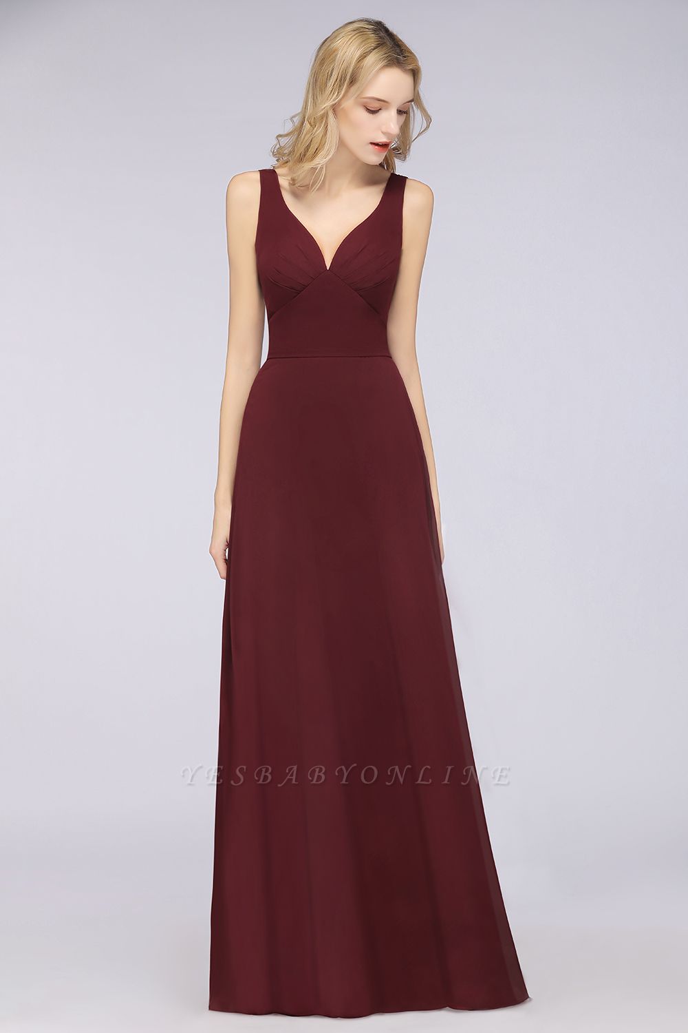 A-Line V-Neck Straps Sleeveless Ruffles Floor-Length  Bridesmaid Dress with Open Back