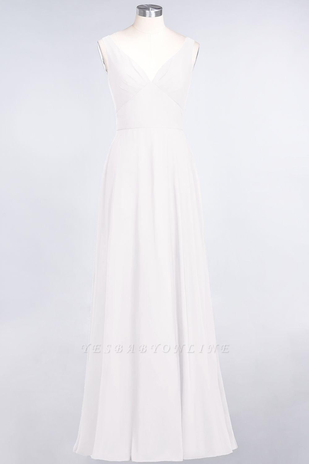 A-Line V-Neck Straps Sleeveless Ruffles Floor-Length  Bridesmaid Dress with Open Back