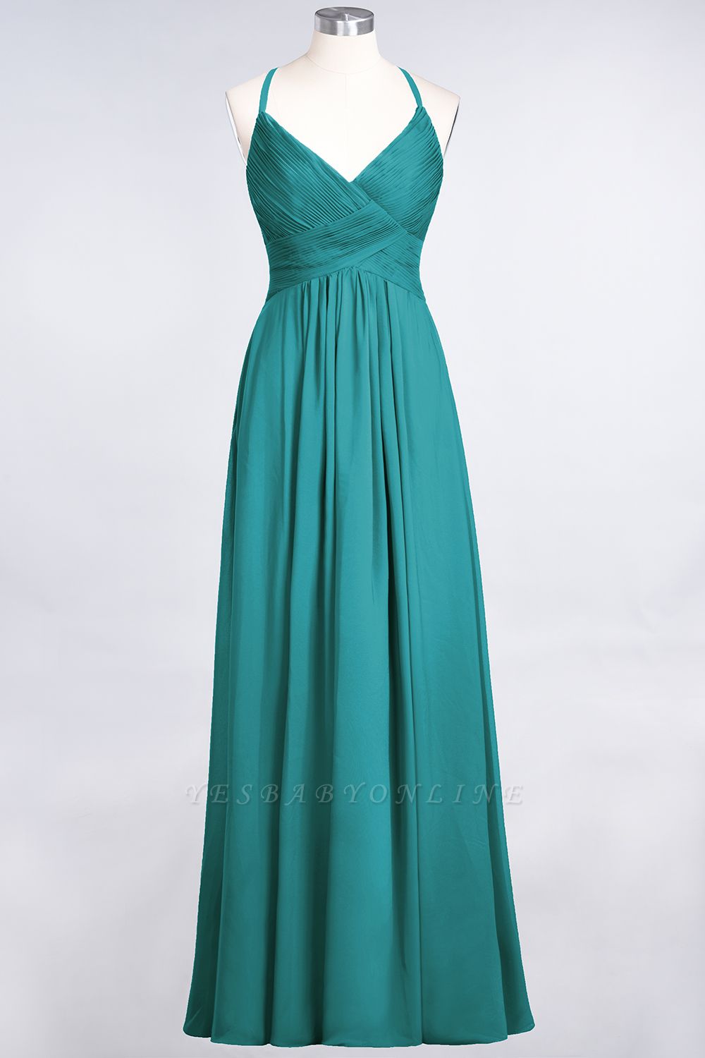 A-Line Spaghetti-Straps V-Neck Sleeveless Floor-Length  Bridesmaid Dress with Ruffles