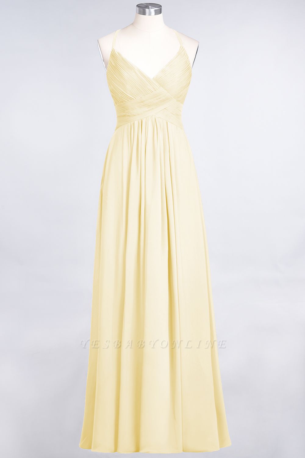 A-Line Spaghetti-Straps V-Neck Sleeveless Floor-Length  Bridesmaid Dress with Ruffles
