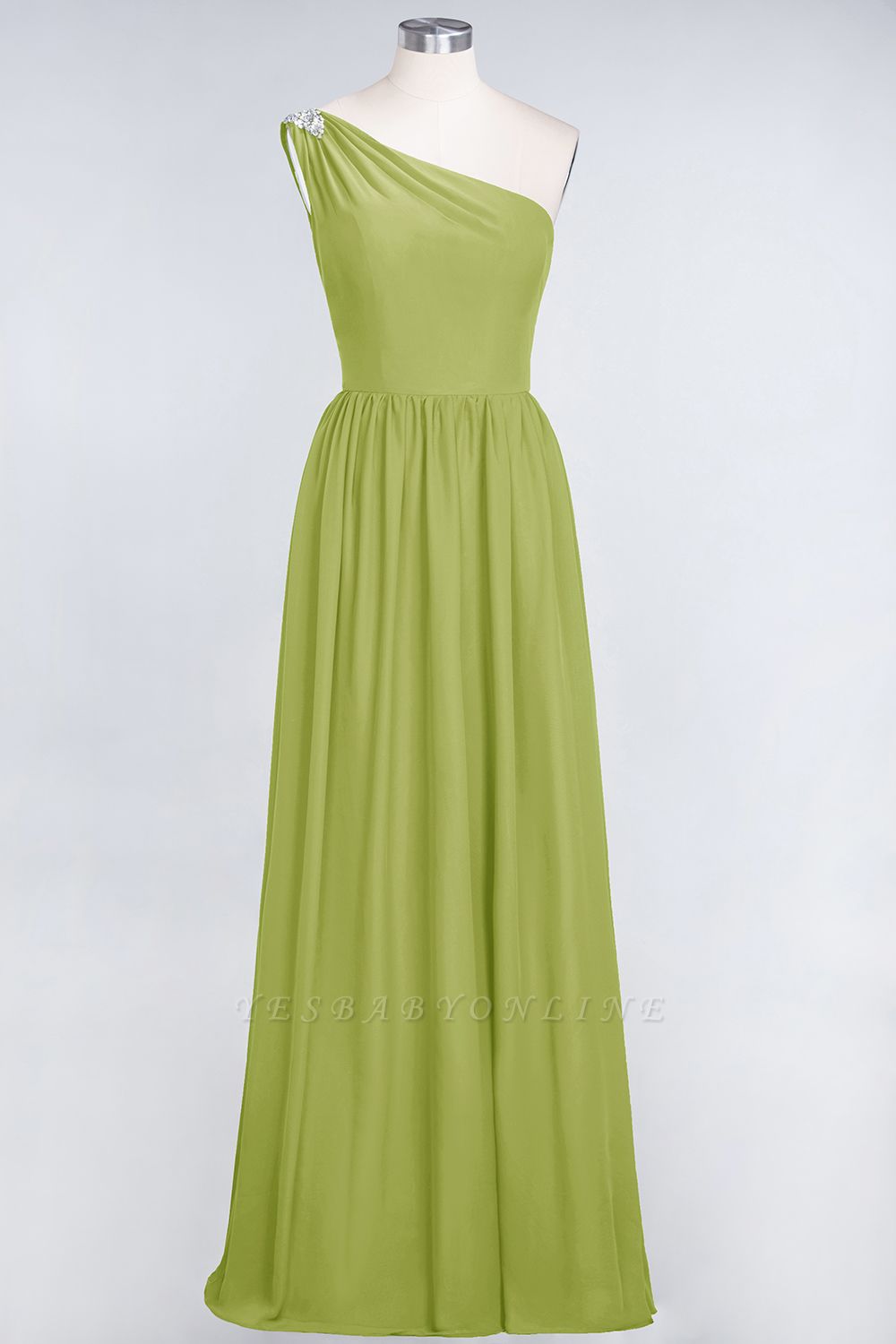 A-Line One-Shoulder Sleeveless Ruffles Floor-Length  Bridesmaid Dress with Beadings