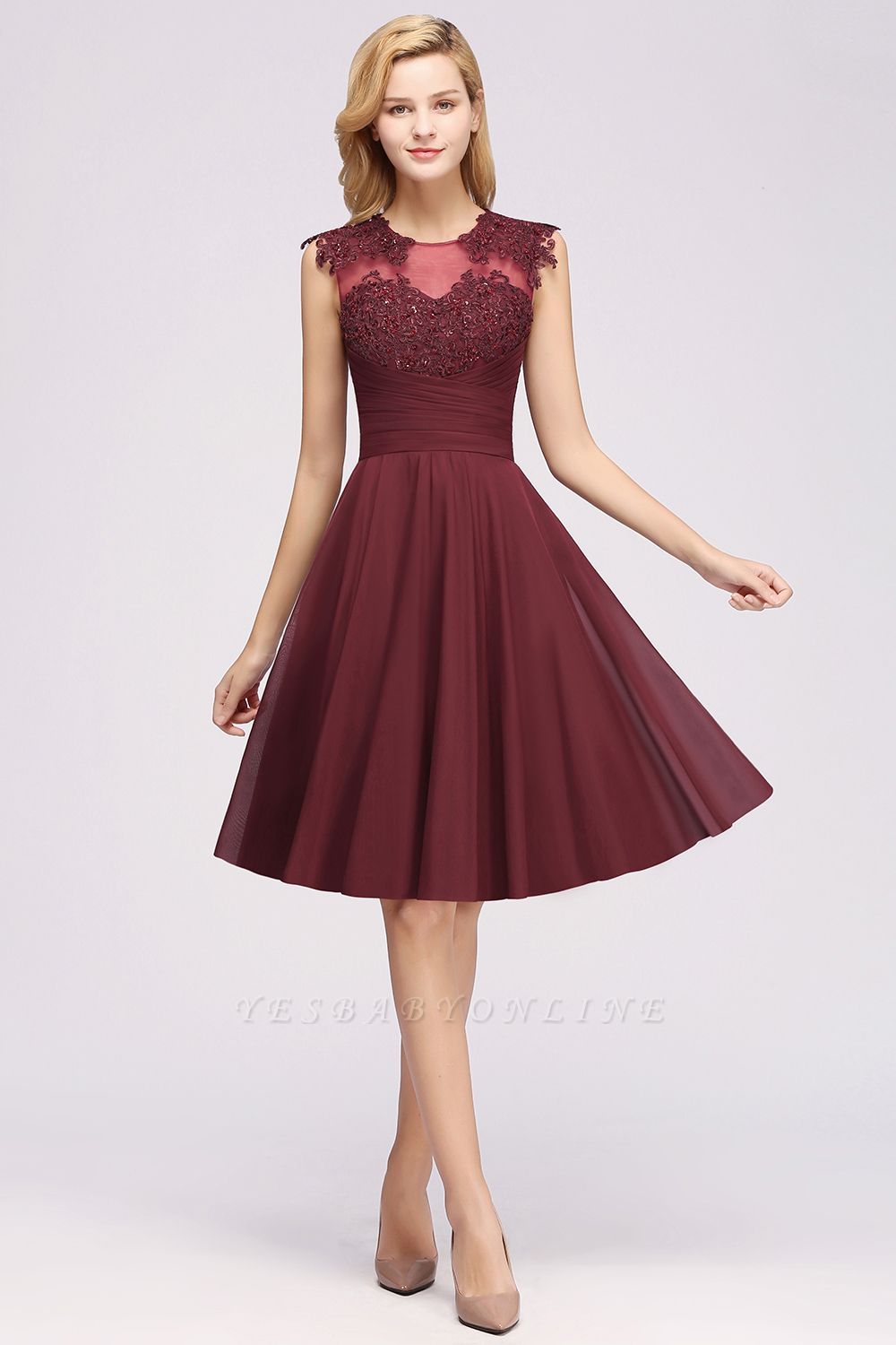 A-line  Appliques Jewel Sleeveless Knee-Length Bridesmaid Dresses with Ruffles