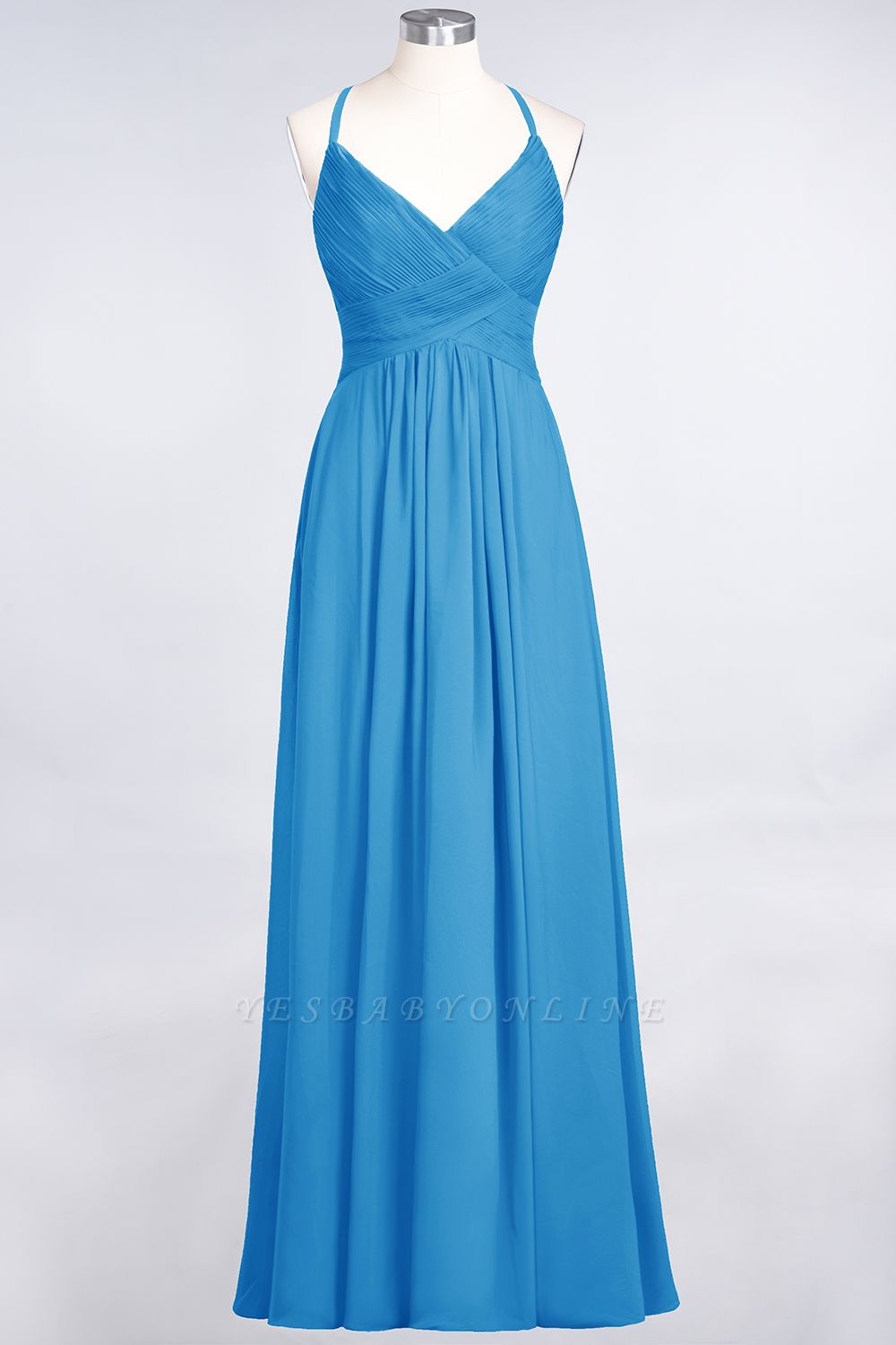 A-Line Spaghetti-Straps V-Neck Sleeveless Floor-Length  Bridesmaid Dress with Ruffles